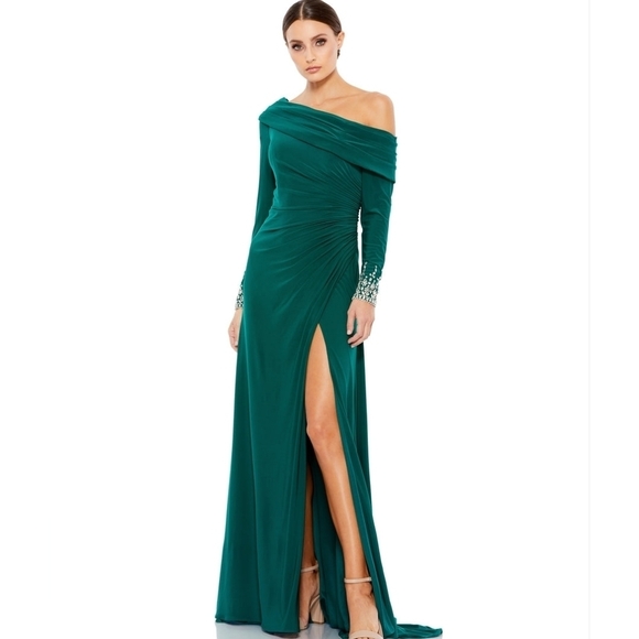 Mac duggal 12231 Emerald Drop Shoulder green gown NWT - Picture 1 of 7